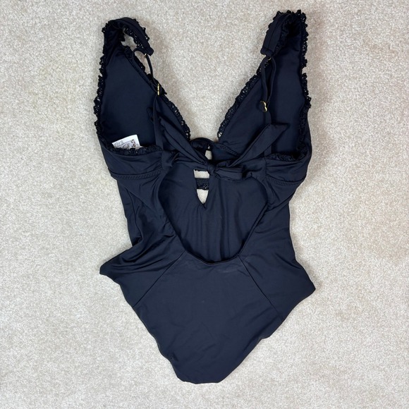BECCA by Rebecca Virtue Frills Plunge Black Lace Trim V Neck One Piece Sz S NWT - Picture 3 of 9
